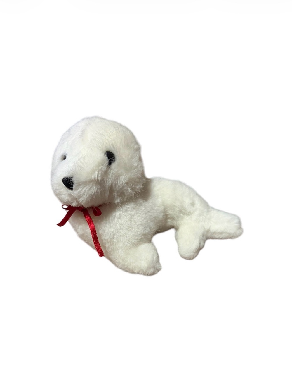 Vintage 8 inch White Seal Plush Toy with Red Ribbon